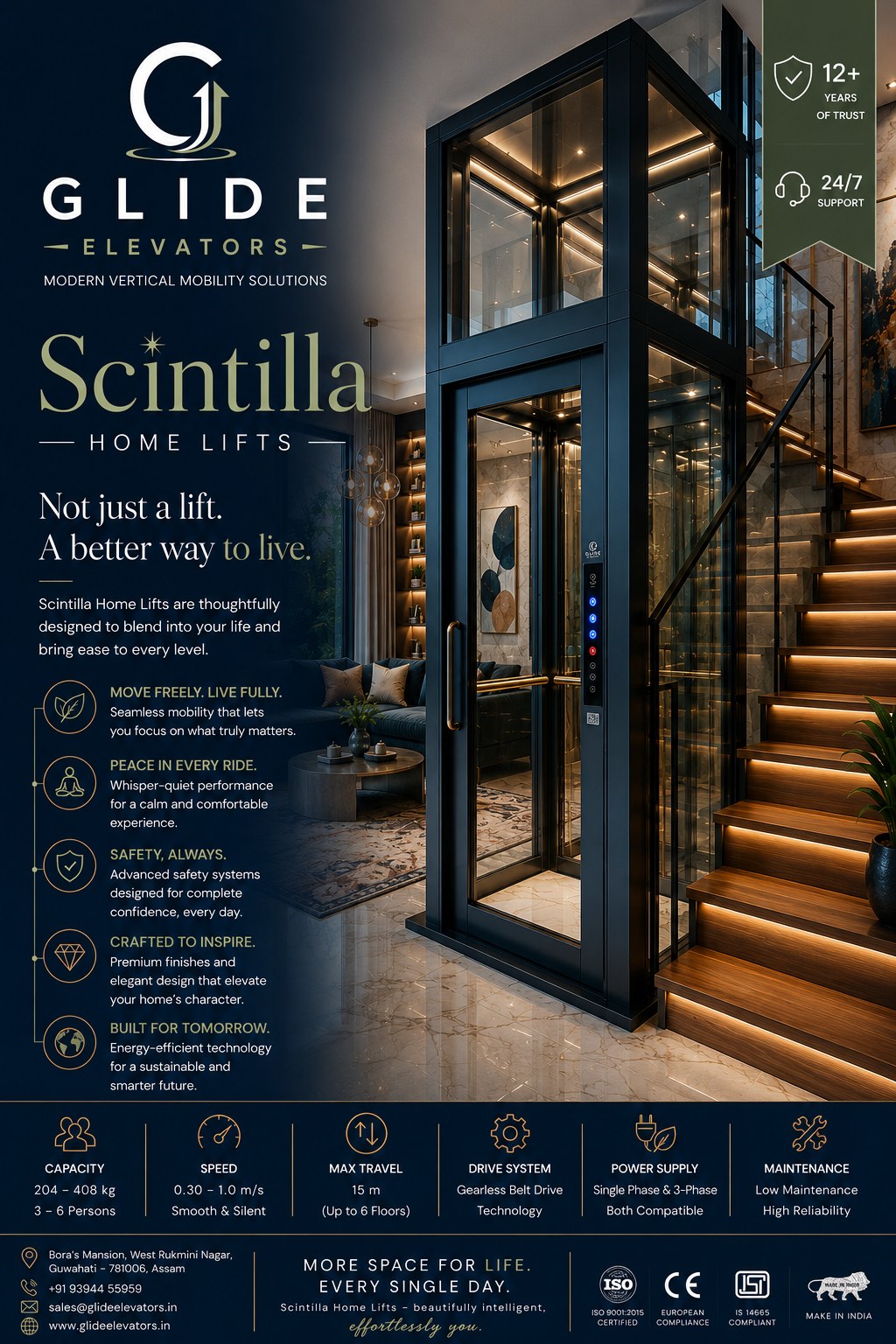 Scintilla Home Lifts by Glide Elevators — premium residential home lift with glass and black metal design, featuring 5 key benefits and technical specifications